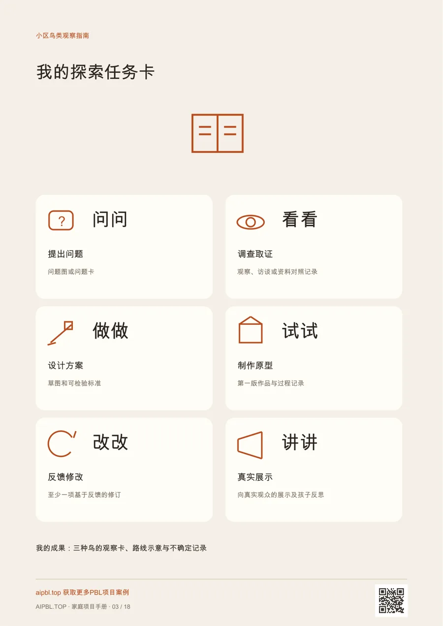 小区鸟类观察指南儿童任务卡：用图示理解项目任务和成果